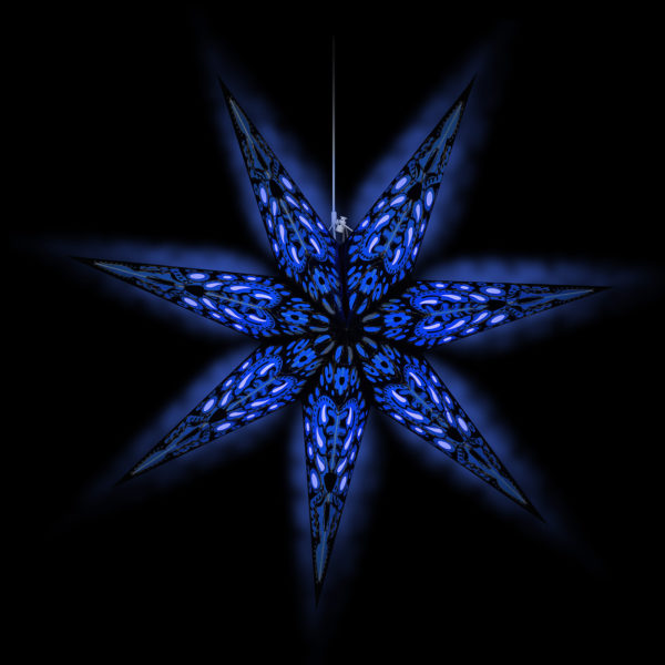 Weihnachtsstern Black Star (60cm) beleuchtet in blau bei Nacht